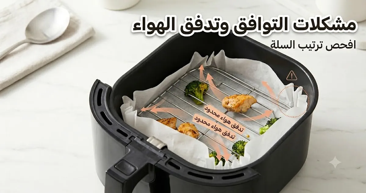 مشكلات توافق وتدفق هواء في إكسسوارات القلاية الهوائية مع بطانة ورف داخل السلة
