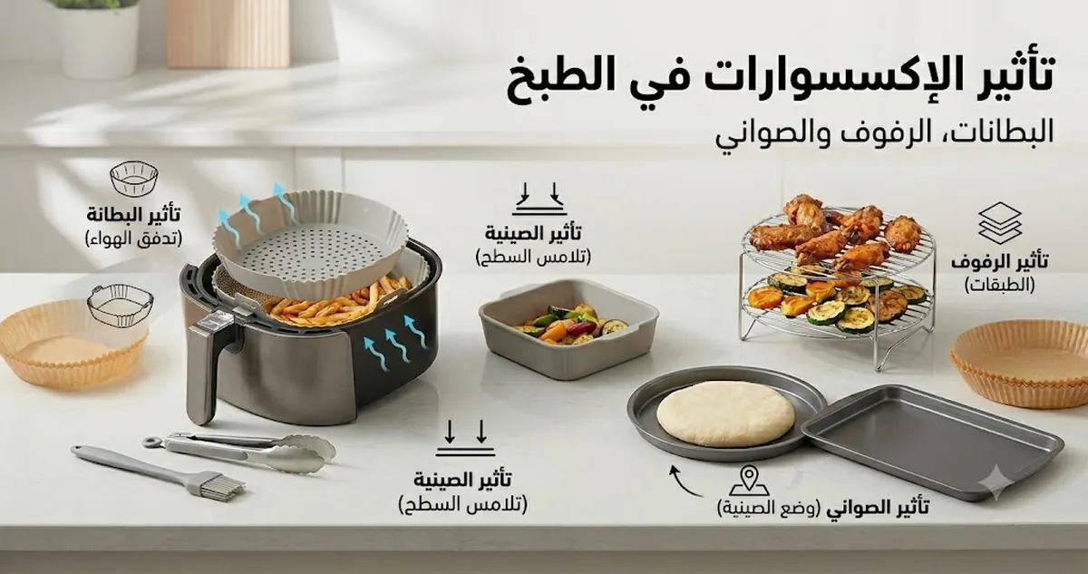 إكسسوارات قلاية هوائية مرتبة لإظهار تأثير البطانات والرفوف والصواني في نتائج الطبخ