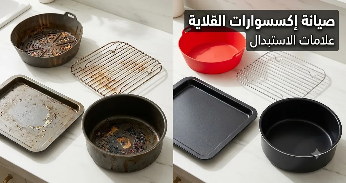 مقارنة بين إكسسوارات قلاية هوائية مستهلكة ونظيفة لإظهار علامات الصيانة والاستبدال