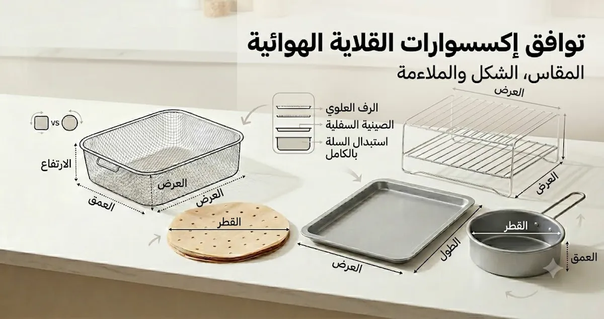 إكسسوارات قلاية هوائية مع إشارات للمقاس والشكل والملاءمة داخل السلة لفحص التوافق