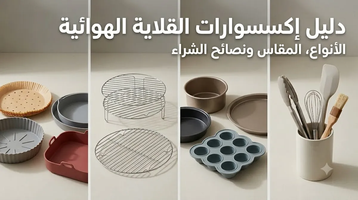 مجموعة من إكسسوارات القلاية الهوائية تشمل بطانات ورفوفًا وقوالب وأدوات لاختيار الإضافات المناسبة