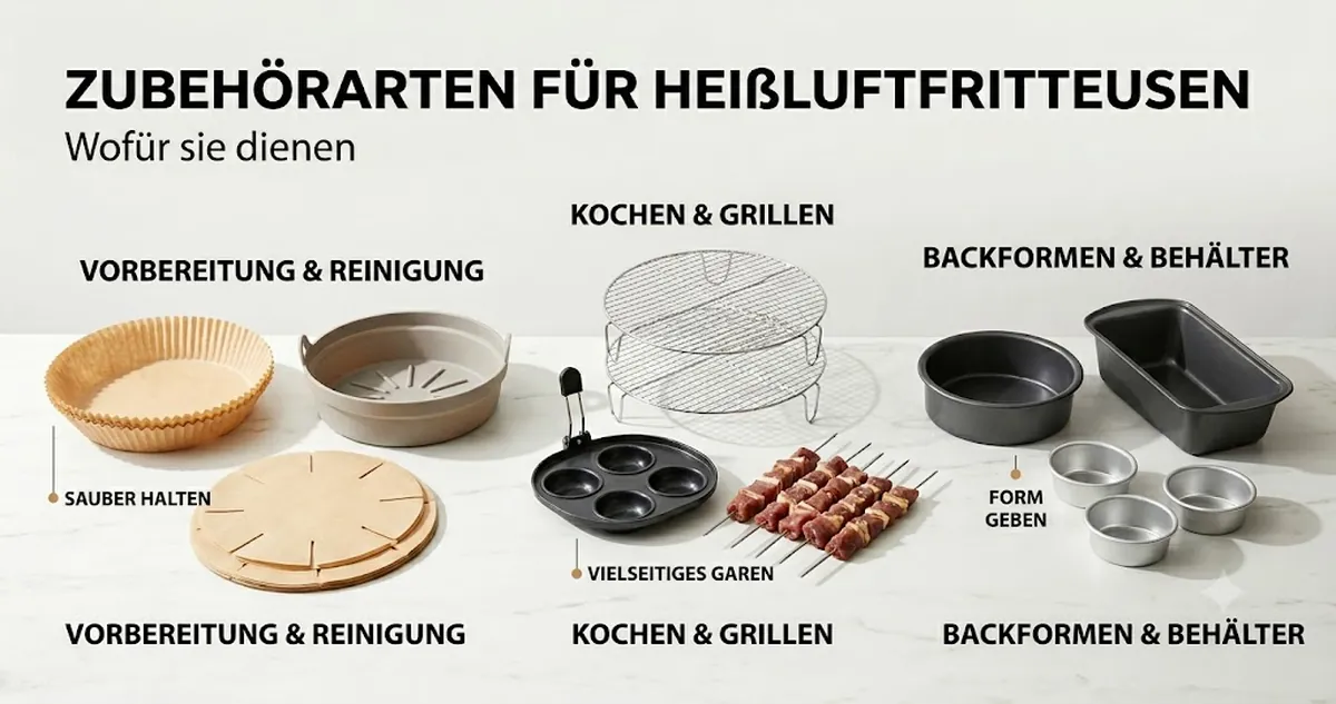 Verschiedene Zubehörarten für Heißluftfritteusen nach Funktion geordnet, darunter Einlagen, Roste, Bleche und Formen