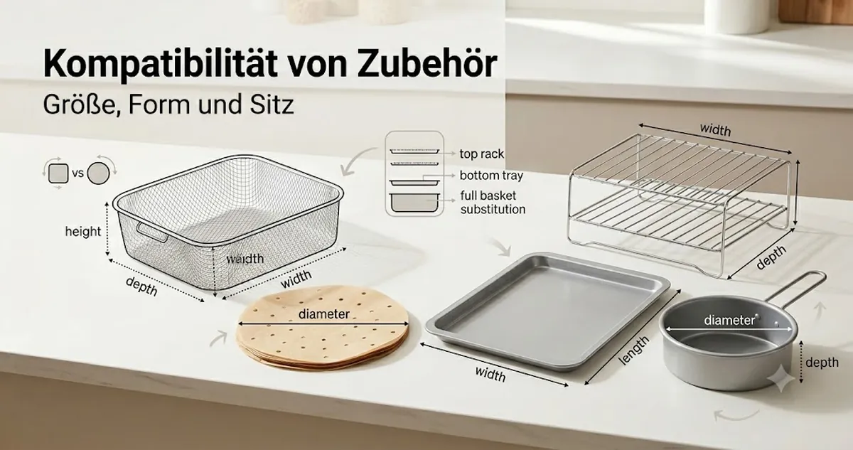 Zubehör für Heißluftfritteusen mit Hinweisen zu Größe, Form und Sitz im Korb zur Prüfung der Kompatibilität