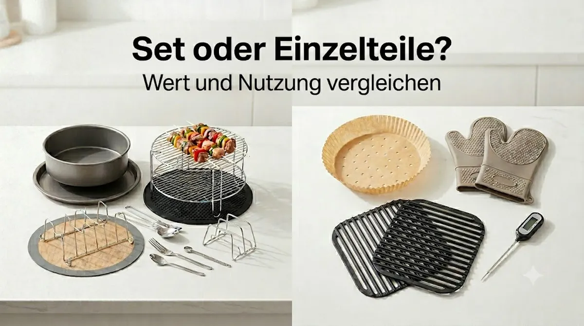 Zubehör-Set für Heißluftfritteusen neben einzelnen Zubehörteilen zum Vergleich von Preis und Gebrauchswert