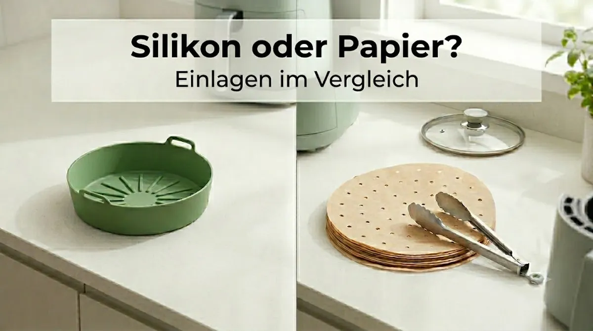 Wiederverwendbare Silikoneinlage neben Einweg-Papiereinlagen für Heißluftfritteusen im Vergleich