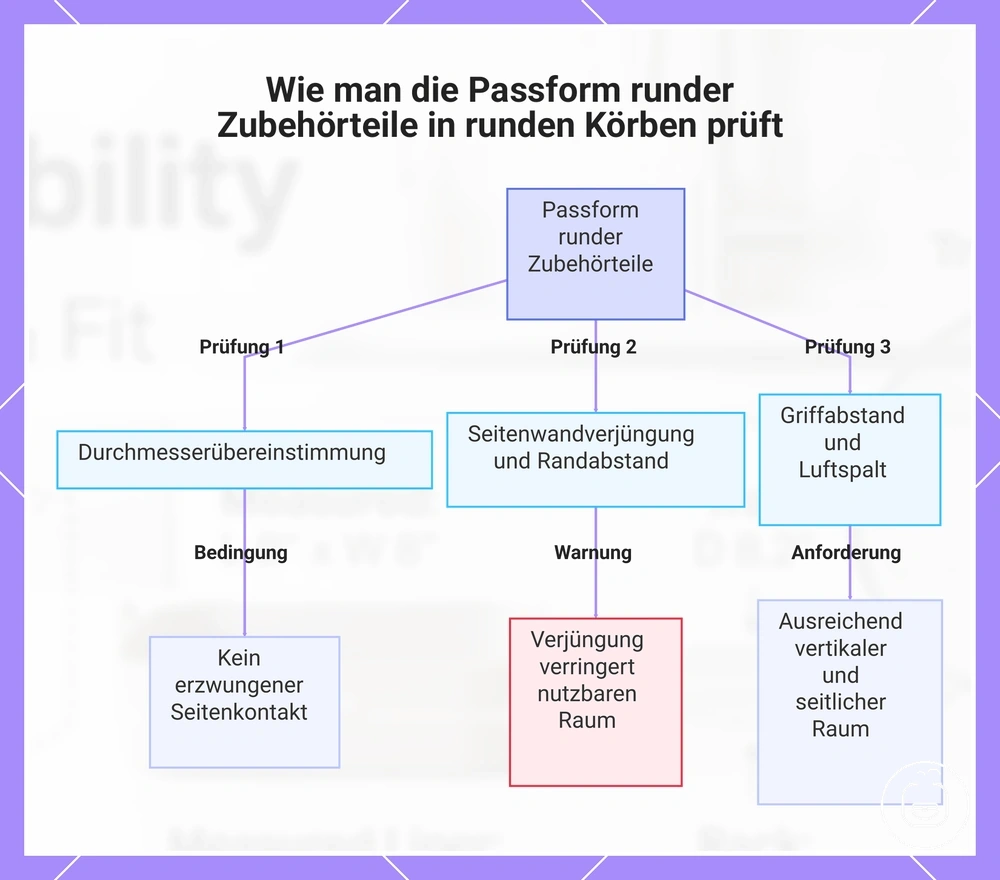 Wie man die Passform runder Zubehörteile in runden Körben prüft