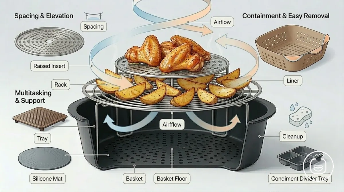 Zubehör für Heißluftfritteusen, dargestellt als funktionsbasierte Ergänzungen innerhalb und um einen Korb herum