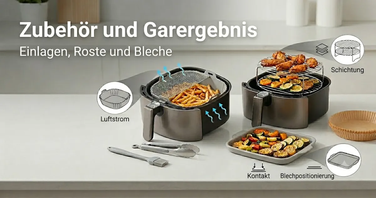 Heißluftfritteusen-Zubehör angeordnet, um den Einfluss von Einlagen, Rosten und Blechen auf Garergebnisse zu zeigen