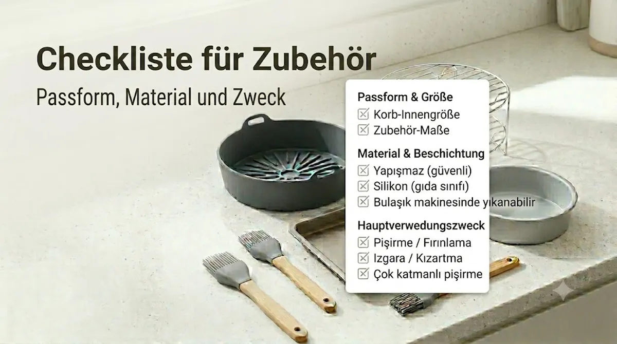 Checkliste für Heißluftfritteusen-Zubehör mit Kriterien zu Passform, Material und Einsatzzweck