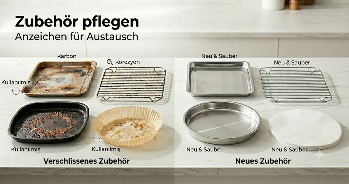 Abgenutztes und sauberes Heißluftfritteusen-Zubehör im Vergleich mit Anzeichen für Pflege und Austausch