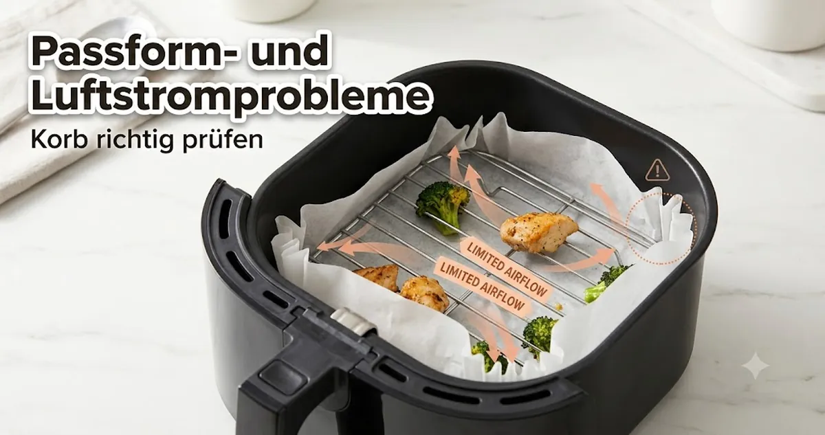 Passform- und Luftstromprobleme mit Einlage und Rost im Korb einer Heißluftfritteuse