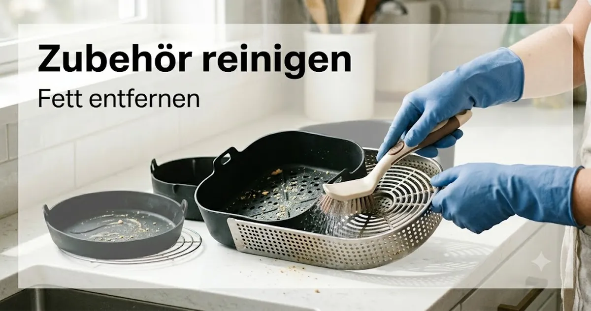 Heißluftfritteusen-Zubehör wird nach dem Garen mit Bürste und herausnehmbarer Einlage gereinigt
