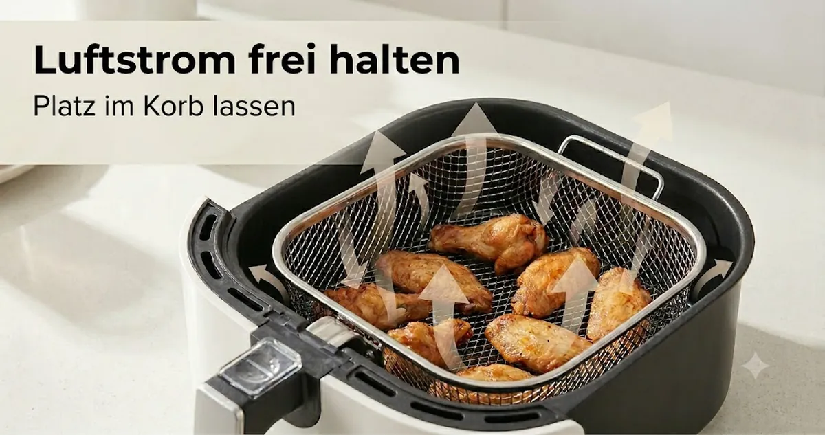 Heißluftfritteusen-Zubehör im Korb mit freiem Raum für den Luftstrom während des Einsatzes
