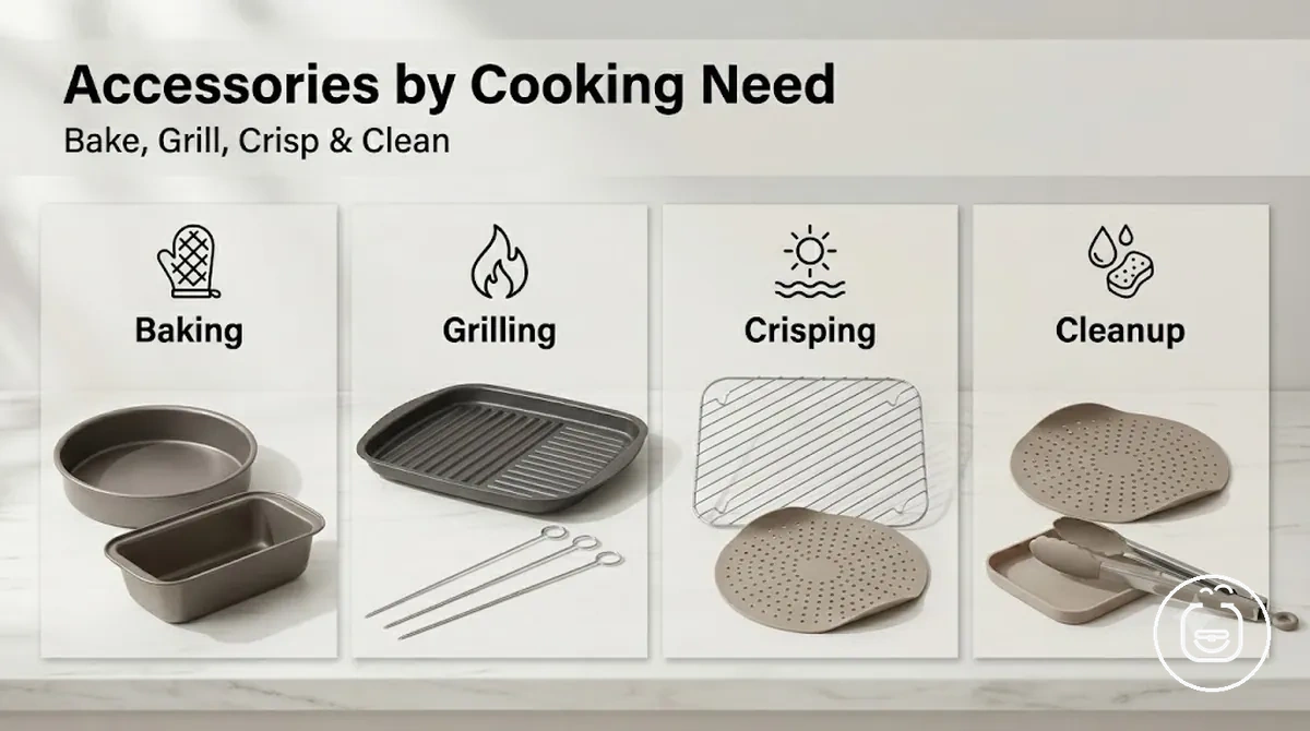Air fryer accessories matched to different cooking needs such as baking, grilling, crisping and cleanup