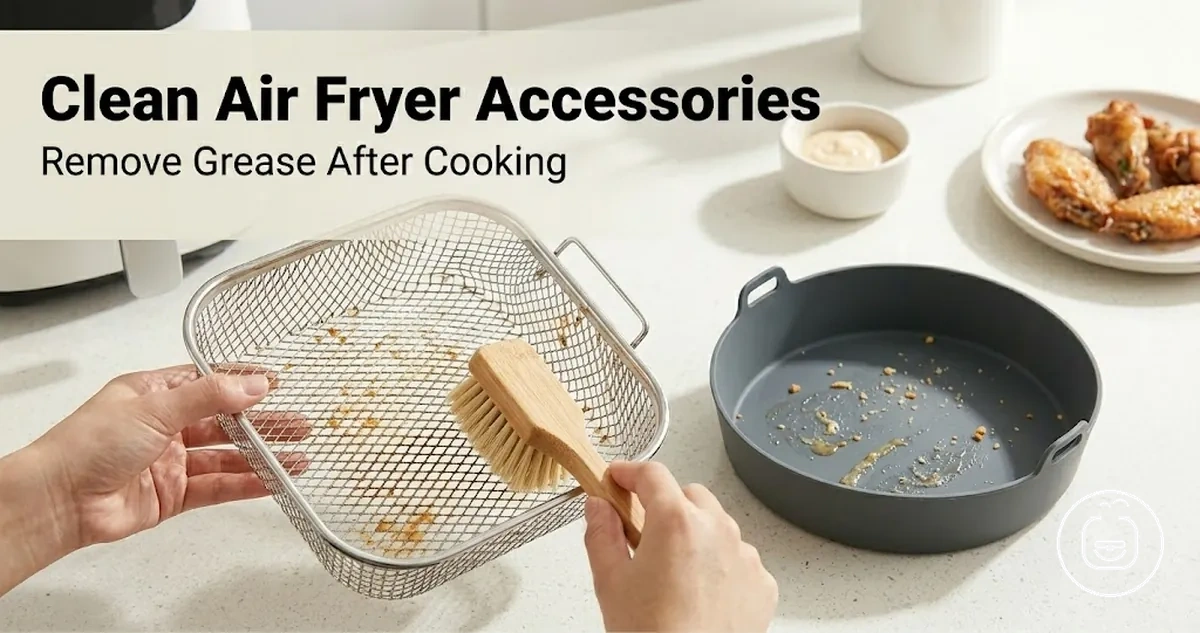 Air fryer accessories being cleaned with a brush and removable liner after cooking