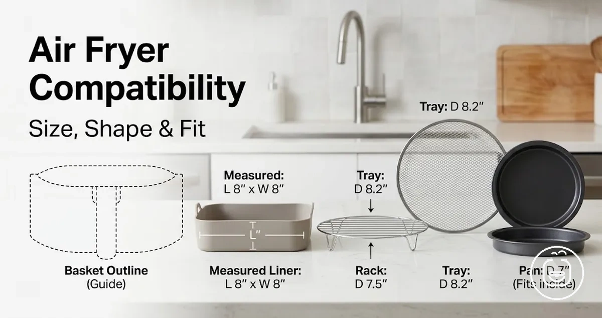 Air fryer accessories shown with size, shape and basket fit cues for compatibility checking