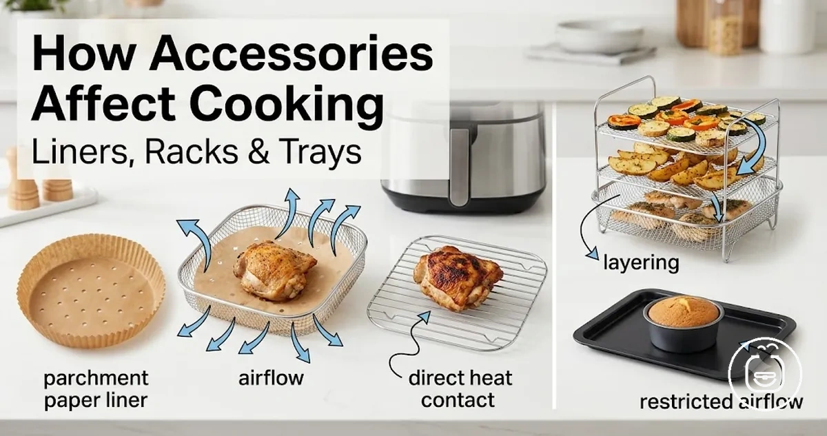 Air fryer accessories arranged to show how liners, racks and trays affect cooking results