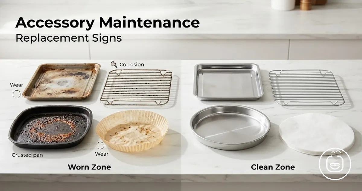 Worn and clean air fryer accessories compared to show maintenance and replacement signs