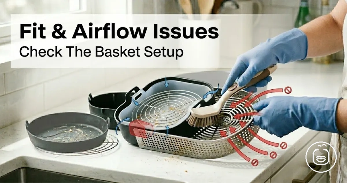 Air fryer accessory fit and airflow issues shown with a liner and rack inside the basket