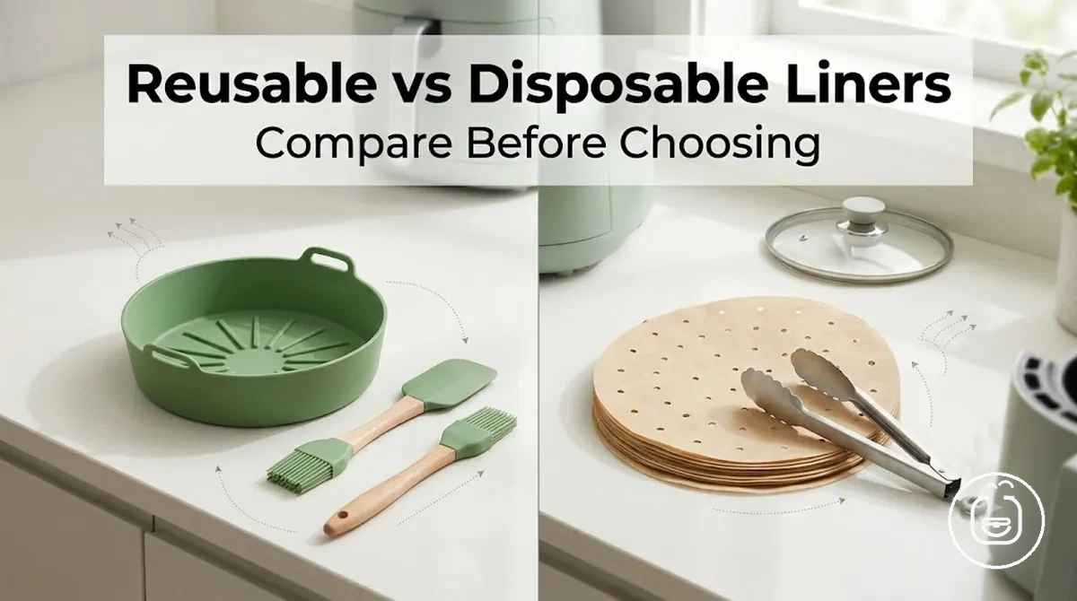 Reusable silicone air fryer liner beside disposable paper liners for comparison