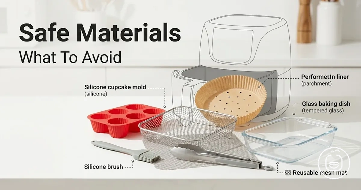 Air fryer accessories made from silicone, stainless steel, parchment and other heat-safe materials