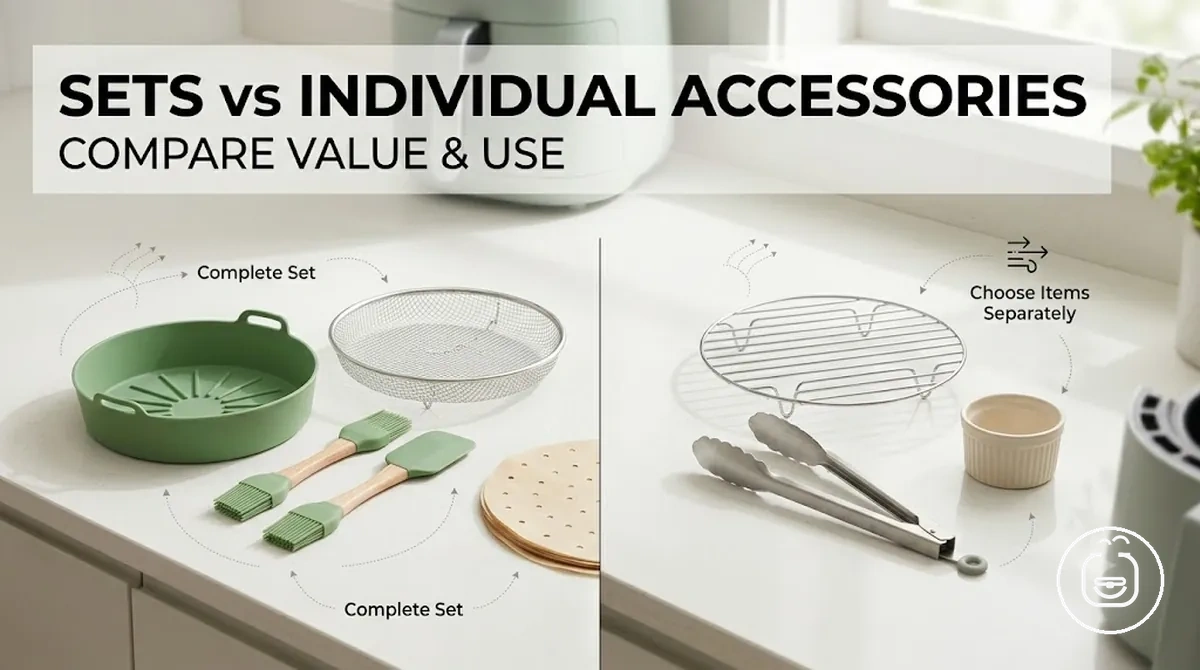 Air fryer accessory set displayed beside individual accessories for value comparison