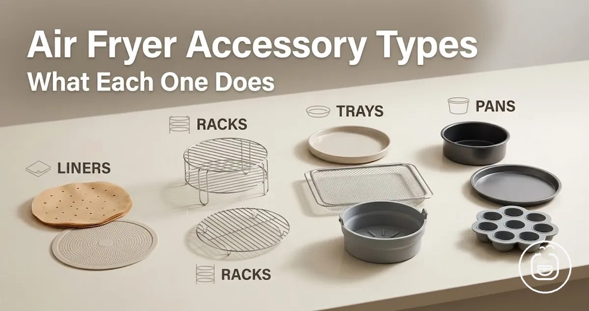 Different types of air fryer accessories arranged by function, including liners, racks, trays and pans