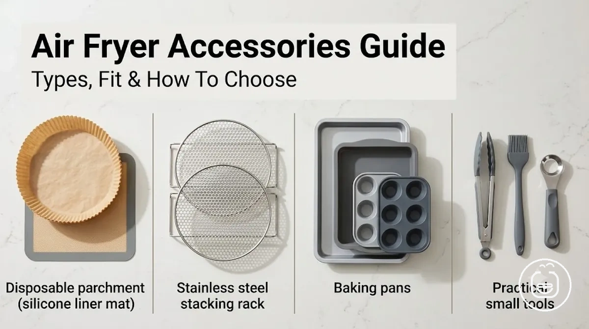 Grouped air fryer accessories including liners, racks, pans and tools for choosing the right add-ons