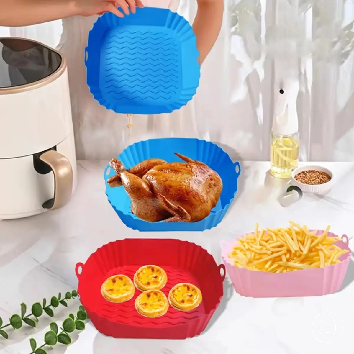 food safe reusable square silicone air fryer pot tray and baking basket