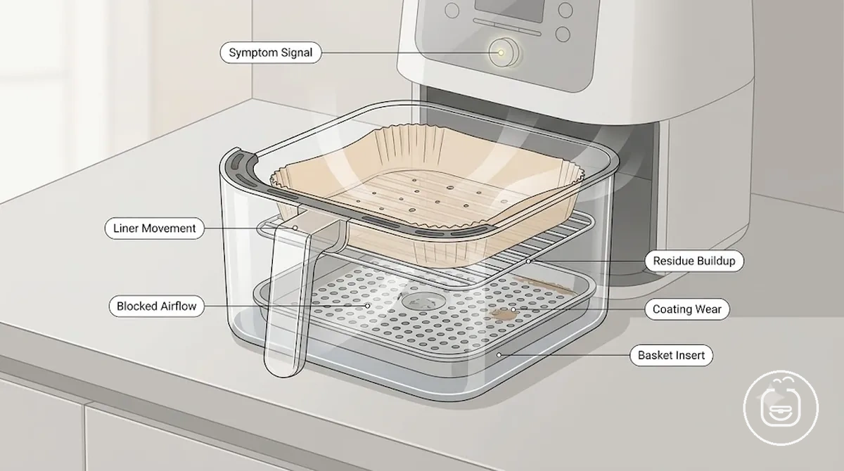Annotated air fryer basket showing accessory problem symptoms