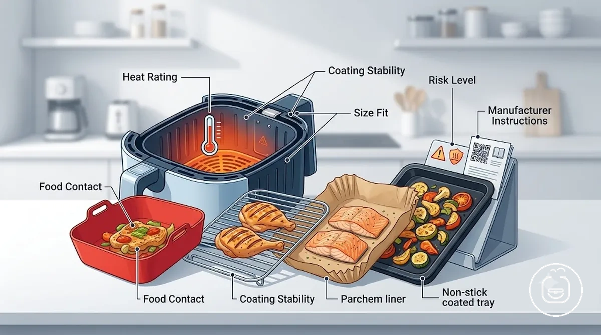 Diagram showing heat rating, food-contact surface, coating condition, and fit checks for an air fryer accessory