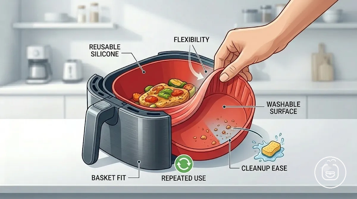 reusable silicone air fryer liner with raised edges inside an air fryer basket