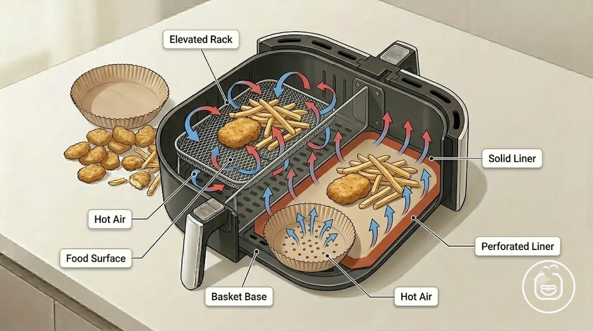 Diagrama que muestra el movimiento del aire caliente alrededor de una rejilla elevada y un revestimiento con espacios laterales abiertos