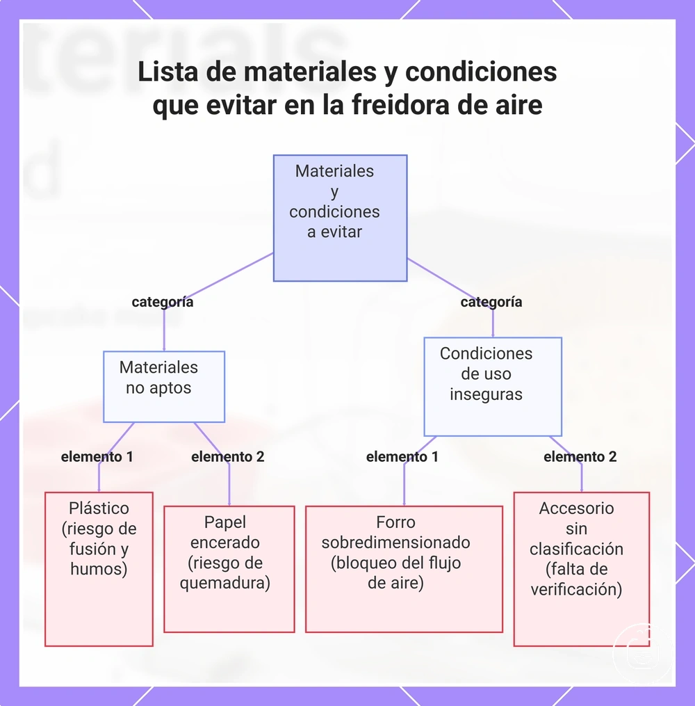Lista de materiales y condiciones que evitar en la freidora de aire