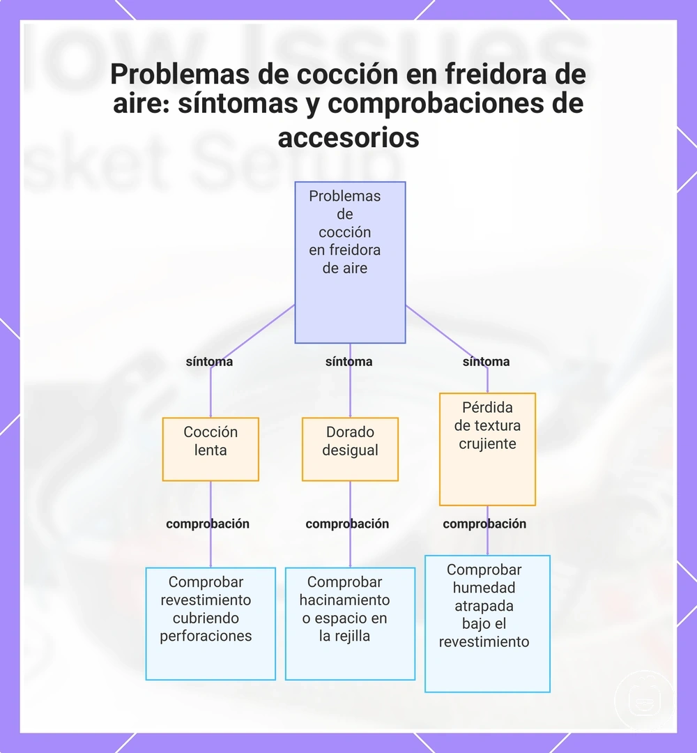 Problemas de cocción en freidora de aire: síntomas y comprobaciones de accesorios