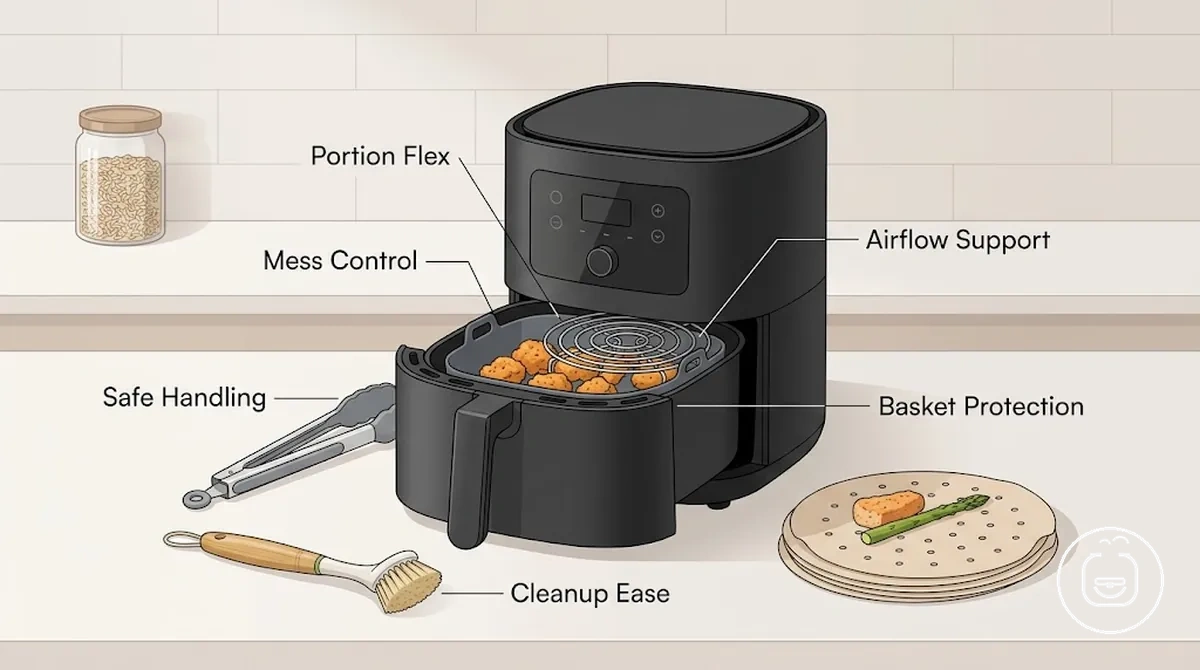 Configuración de accesorios para freidora de aire para principiantes centrada en necesidades básicas de cocina y limpieza