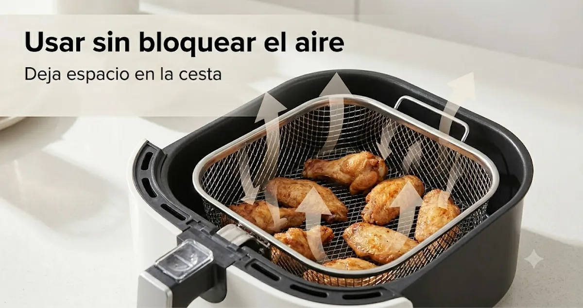 Accesorios para freidora de aire colocados dentro de una cesta con espacio para el flujo de aire