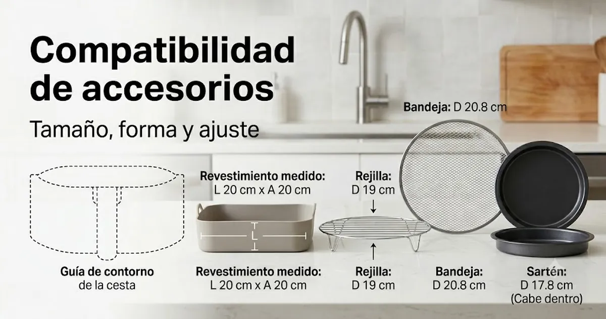 Accesorios para freidora de aire mostrados con referencias de tamaño, forma y ajuste en la cesta