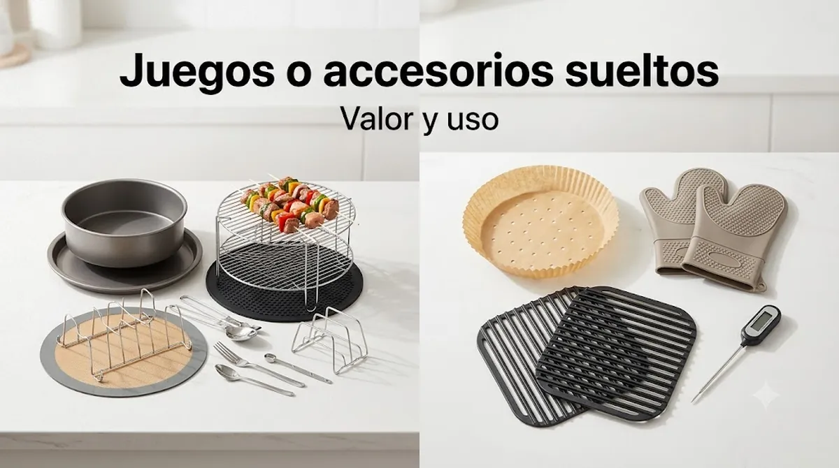 Juego de accesorios para freidora de aire mostrado junto a accesorios sueltos para comparar valor y uso