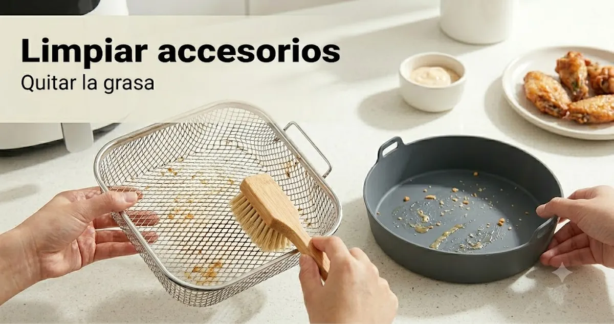 Accesorios para freidora de aire limpiándose con un cepillo y un revestimiento extraíble