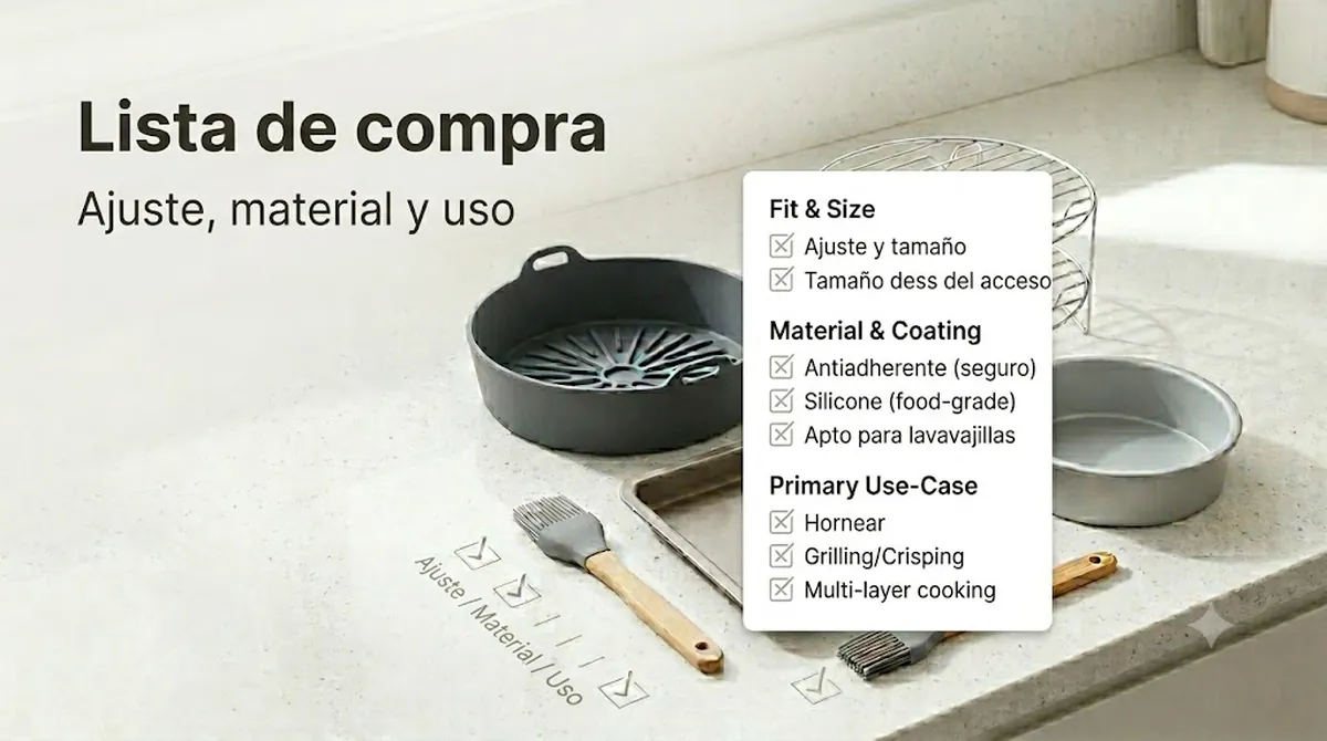 Lista de compra de accesorios para freidora de aire con criterios de ajuste, material y uso
