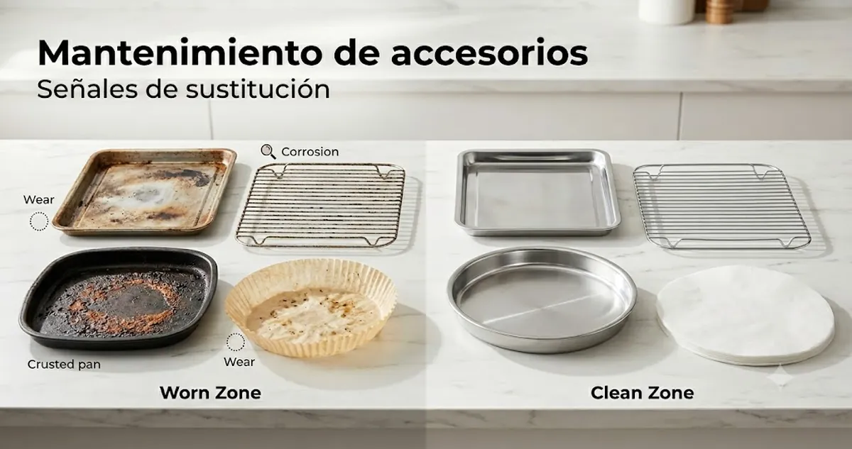 Accesorios de freidora de aire usados y limpios comparados para mostrar señales de mantenimiento y sustitución