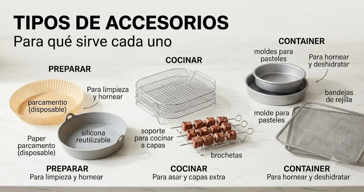 Diferentes tipos de accesorios para freidora de aire ordenados por función