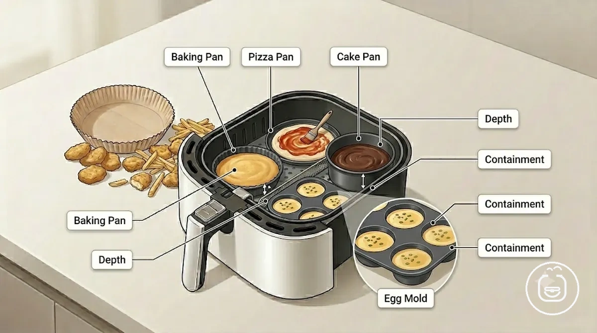 Accessoires pour friteuse sans huile étiquetés : moule de cuisson, moule à pizza, moule à gâteau et moule à œufs