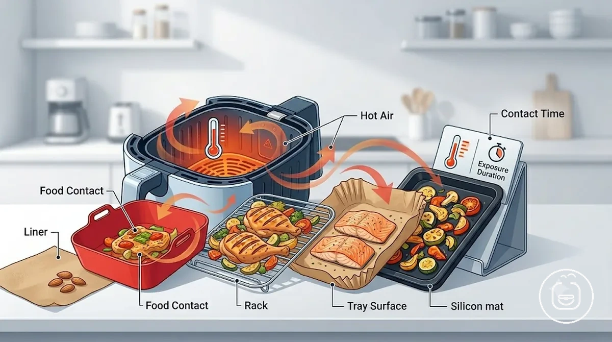 Panier de friteuse sans huile annoté montrant les surfaces de contact alimentaire, les surfaces de support et l exposition à l air chaud