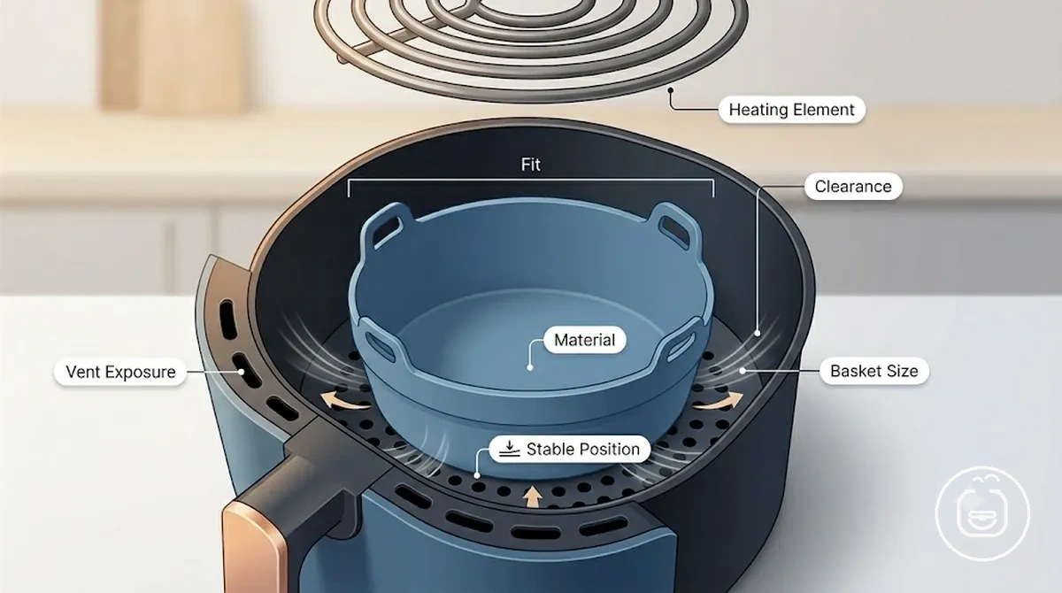 Accessoire positionné à l intérieur du panier d une friteuse sans huile avec un dégagement visible et des orifices de ventilation exposés