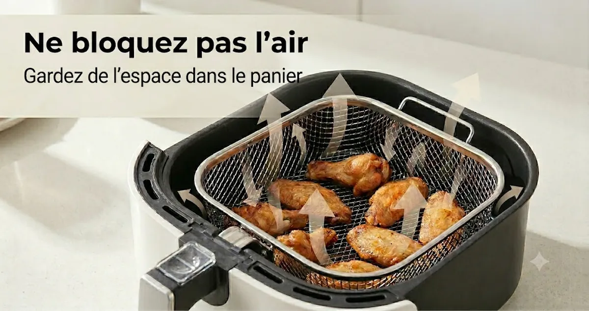 Accessoires pour friteuse sans huile placés dans le panier avec de l’espace pour la circulation de l’air