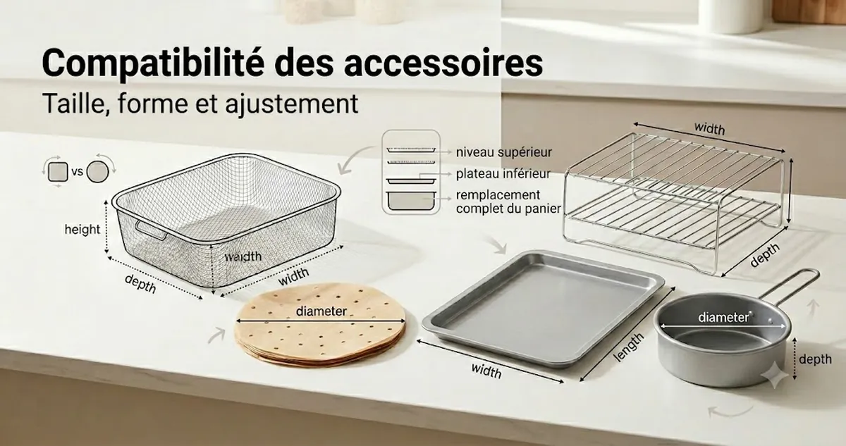 Accessoires pour friteuse sans huile montrés avec des repères de taille, de forme et d’ajustement dans le panier