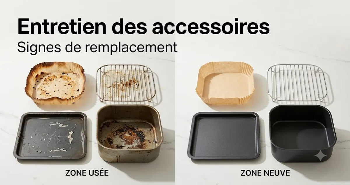 Accessoires de friteuse sans huile usés et propres comparés pour montrer les signes d’entretien et de remplacement