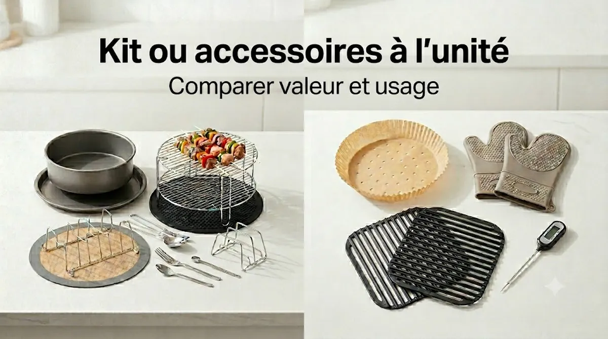 Kit d’accessoires pour friteuse sans huile présenté à côté d’accessoires à l’unité pour comparer l’intérêt et la valeur
